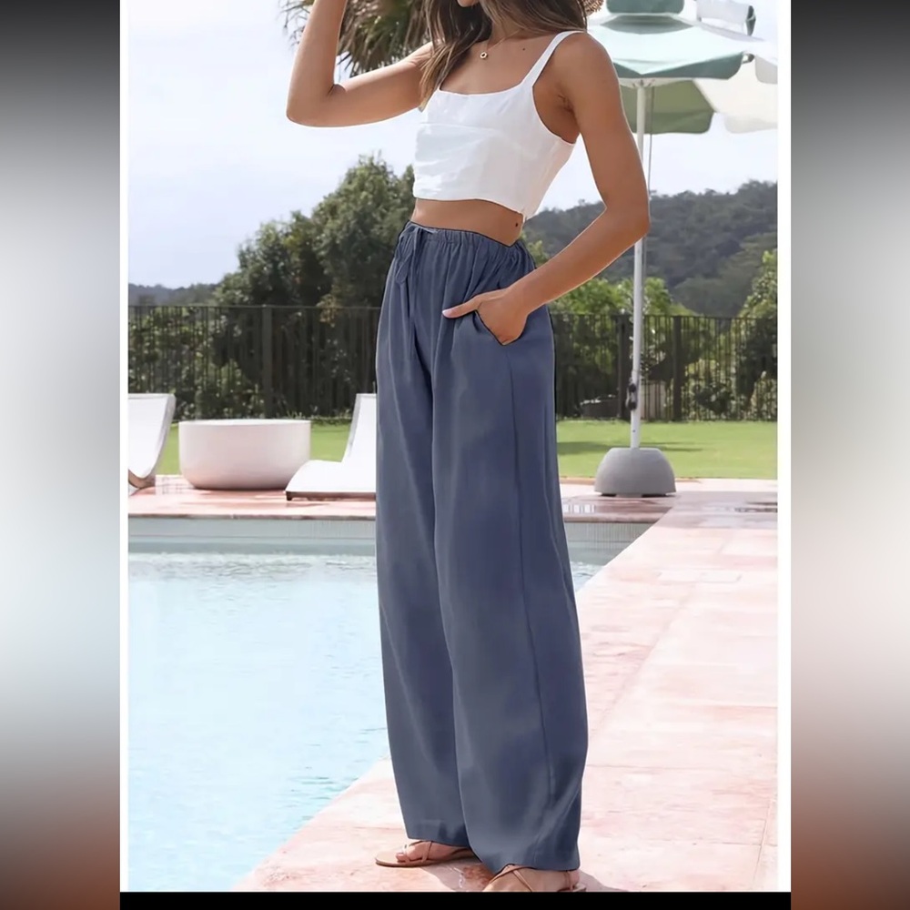 Linen & Cotton Wide-Leg Pants. Blue. NWT. Size Large - Picture 2 of 3